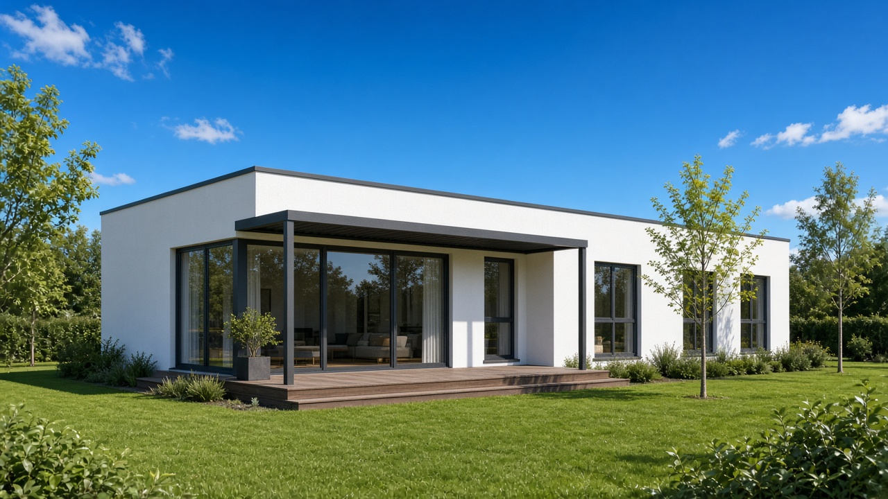 Eingeschossiger Bungalow mit Flachdach und weißer Putzfassade