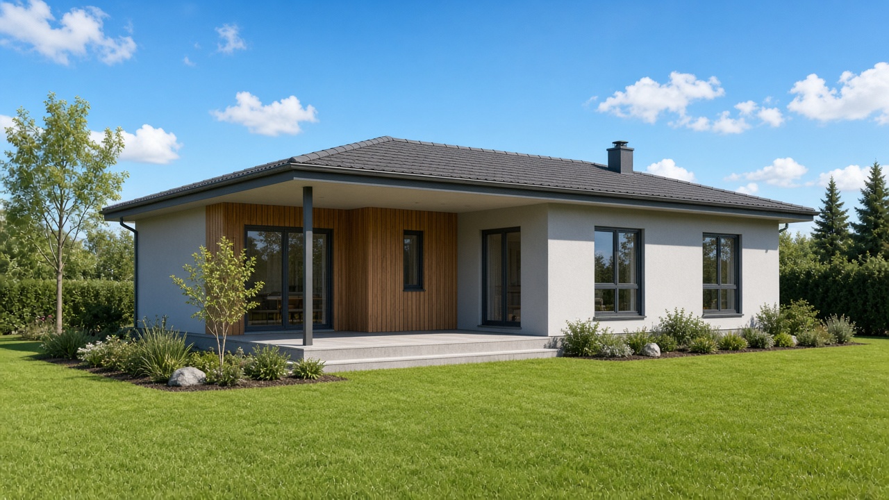 Bungalow mit Walmdach und Holzverkleidung