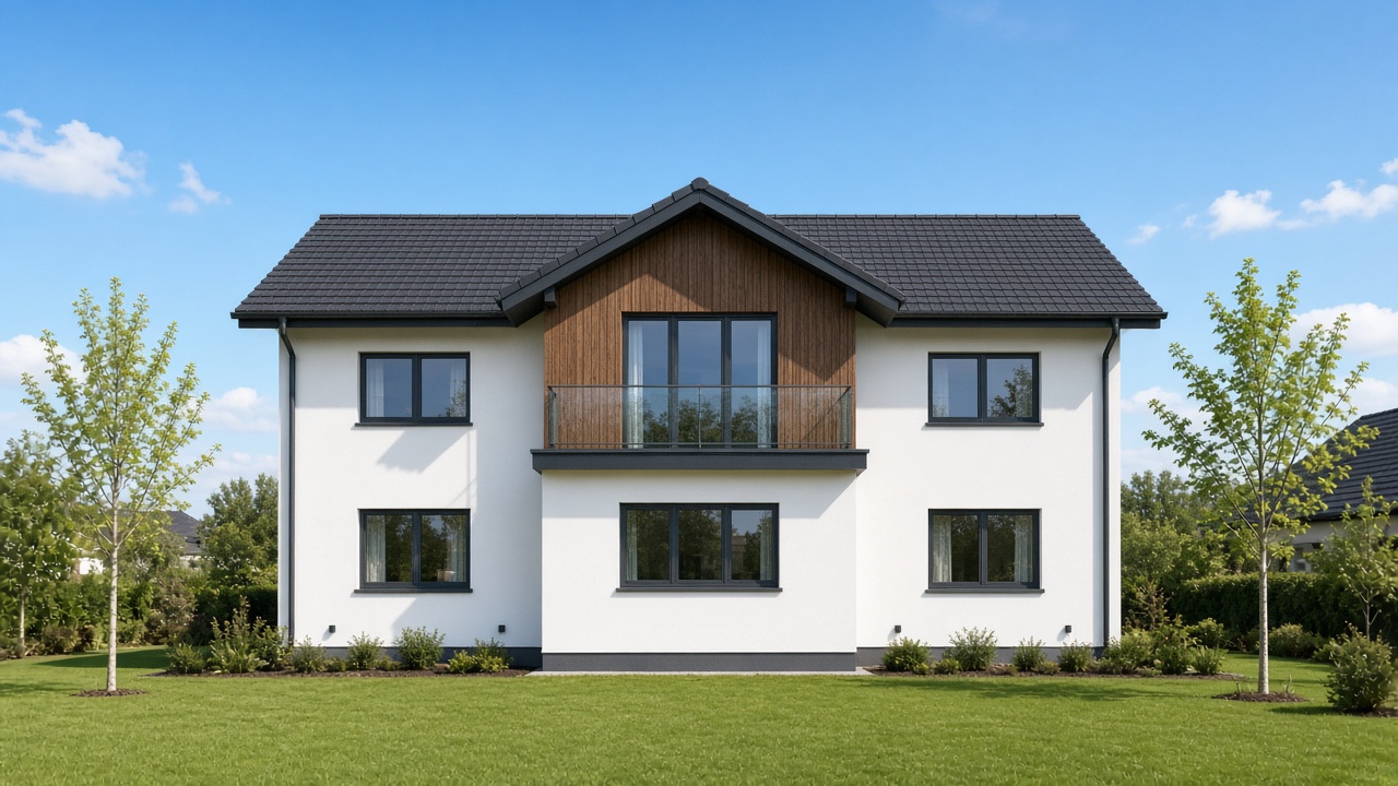 Anderthalbgeschossiges Einfamilienhaus mit Satteldach, Zwerchgiebel, Holzverkleidung und französischem Balkon