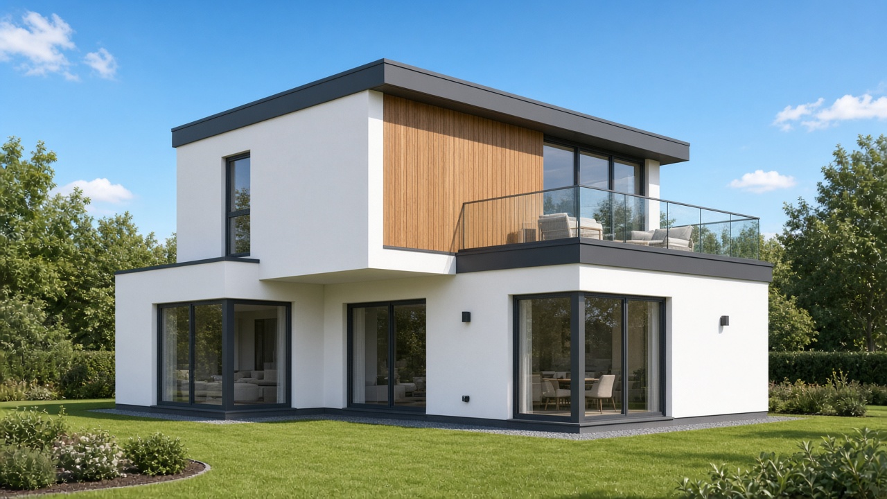 Flachdachhaus mit Holzverkleidung und großen Glasflächen