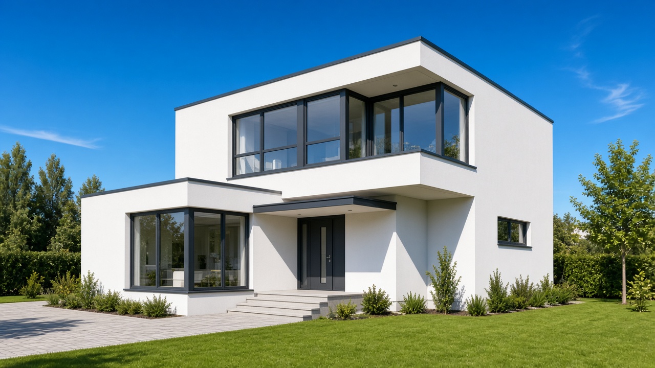 Kubisches Flachdachhaus mit weißer Putzfassade