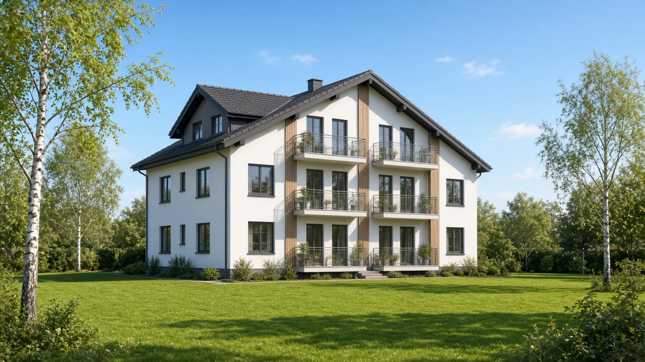 Kompaktes villenartiges Mehrfamilienhaus mit Balkonen und Holzakzenten