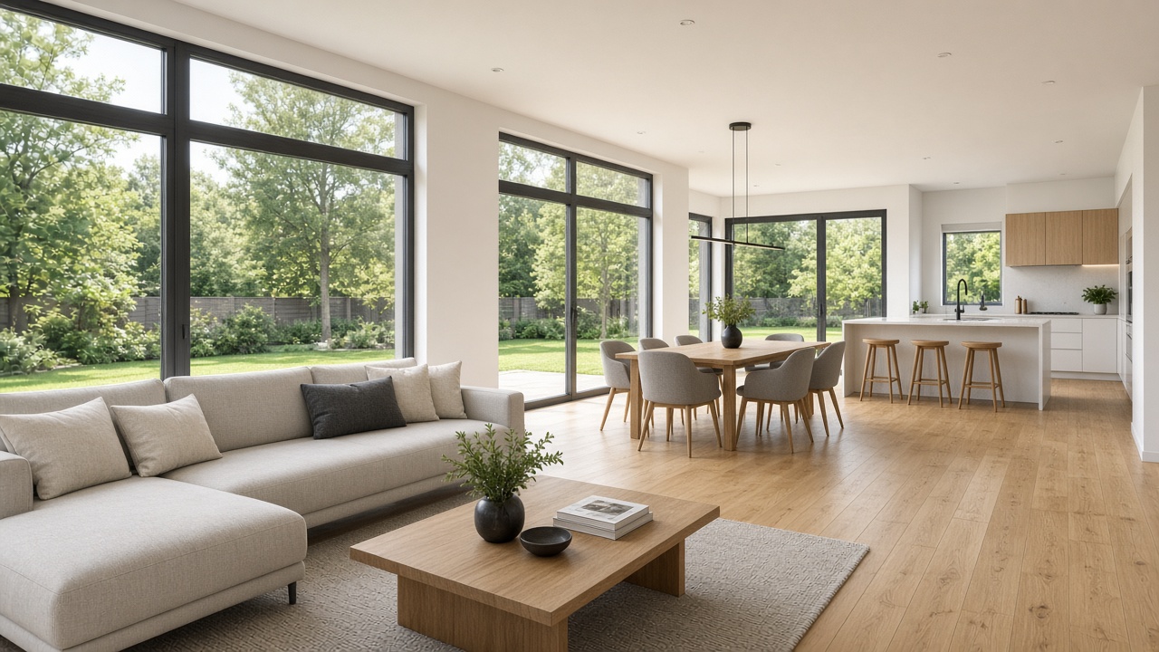 Offener Wohnbereich mit großen Fensterflächen zum Garten