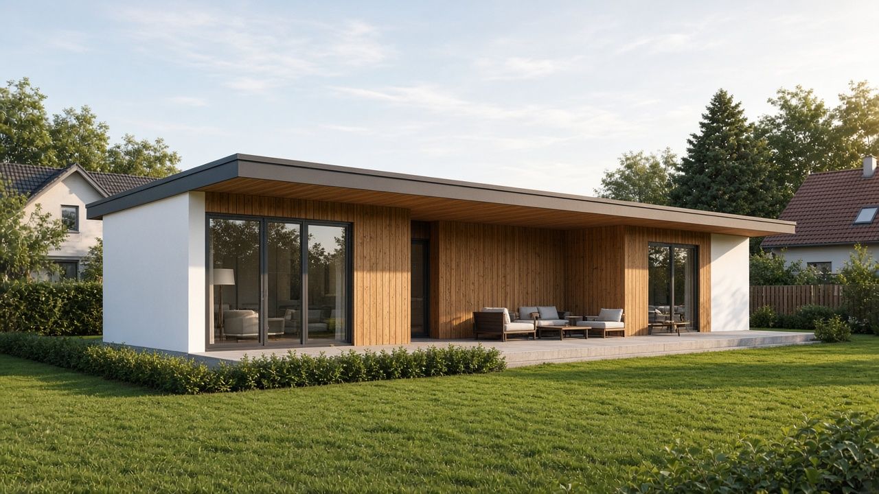 Flachdach-Bungalow mit weißer Putzfassade, vertikaler Holzverkleidung und überdachter Lounge-Terrasse