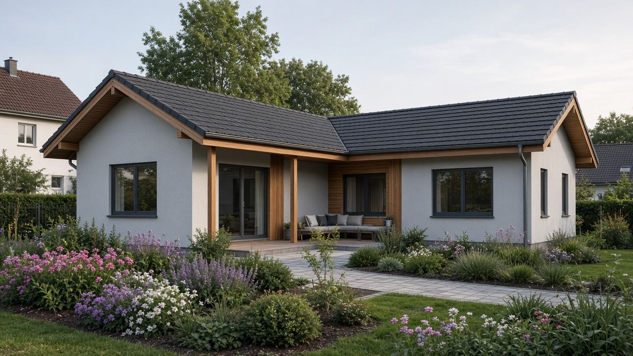 L-förmiger Bungalow mit Satteldach, überdachter Holzterrasse und blühendem Garten