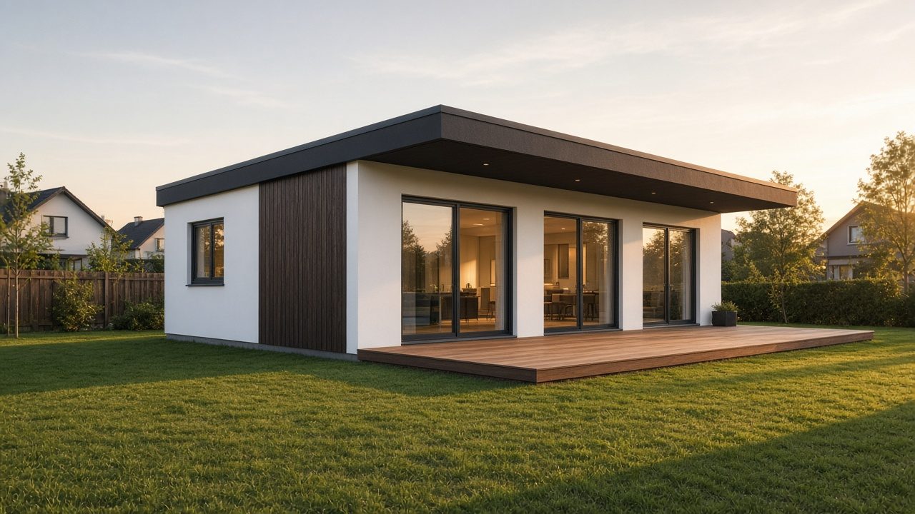 Bungalow mit asymmetrischem Pultdach, dunklem Putz und heller Holzfassade