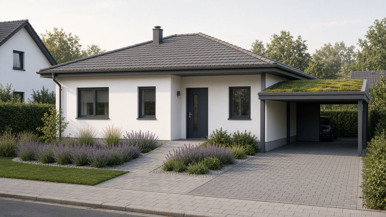 Bungalow mit Walmdach, Carport mit Gründach und Raffstores an den Fenstern