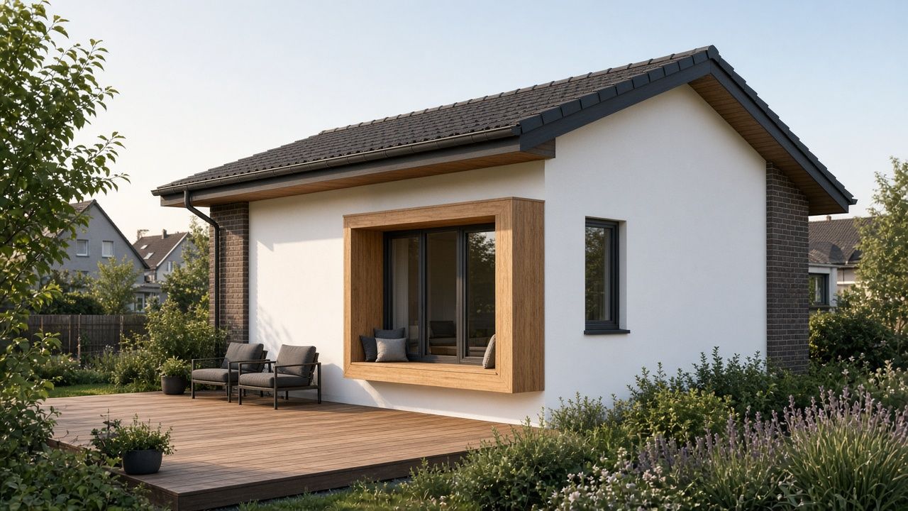 Kompakter Bungalow mit Satteldach, Sitzfenster und Holzdeck im Garten