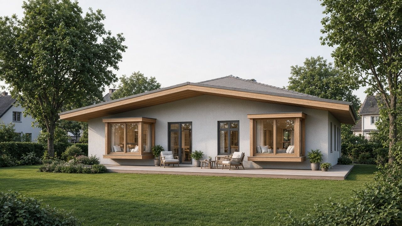 Bungalow mit flachem Satteldach, zwei Erkerfenstern und Holzdeck