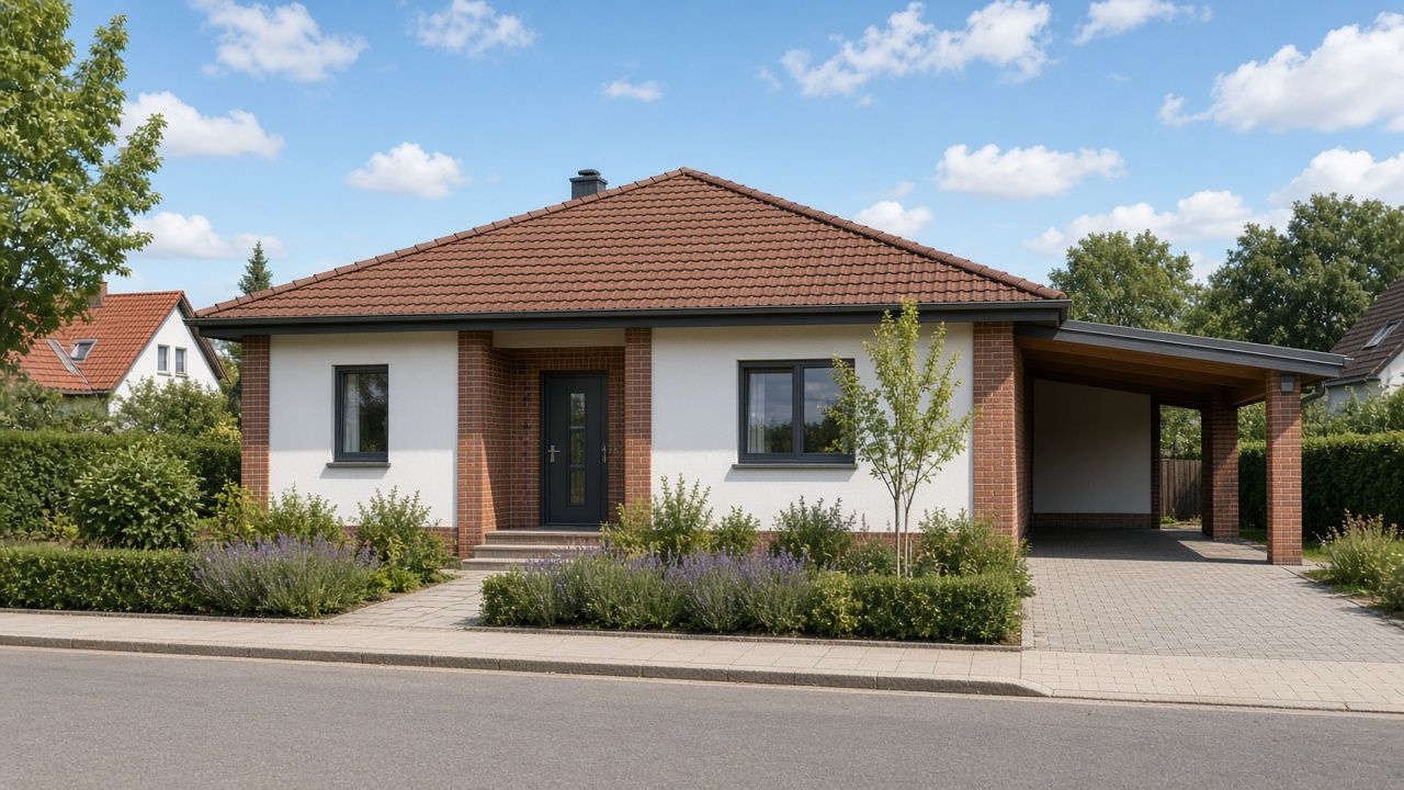 Bungalow mit Walmdach, Klinkerakzenten und integriertem Carport