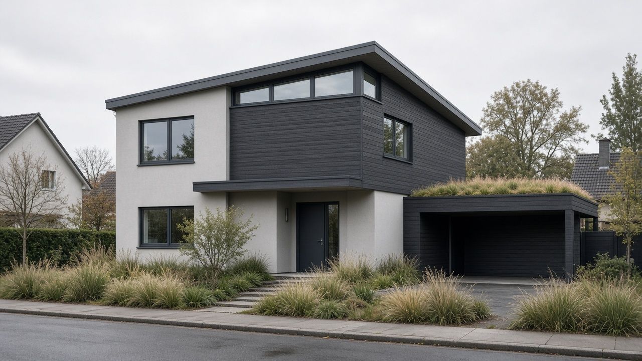Modernes Pultdachhaus mit Putz und dunkler Holzfassade sowie begrüntem Carport