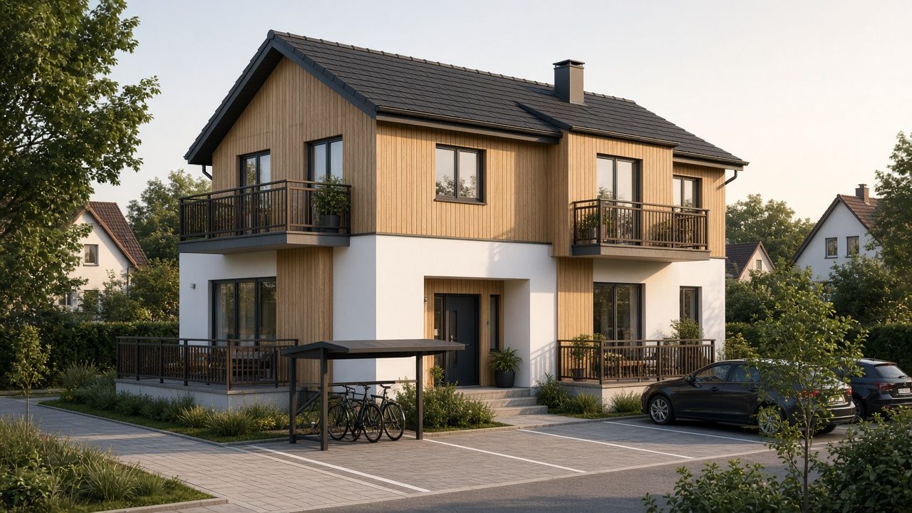 Mehrfamilienhaus mit Satteldach, Holzfassade im OG, Balkonen und Fahrradstellplatz