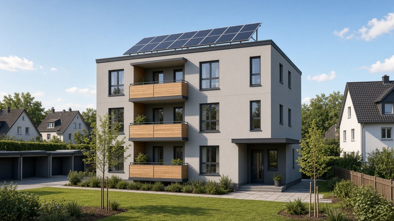 Modernes MFH mit Flachdach, gestapelten Balkonen in Holz und Photovoltaik auf dem Dach
