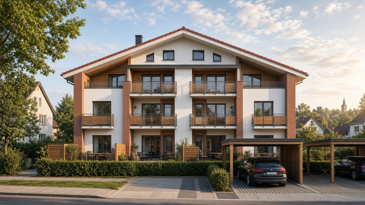 Mehrfamilienhaus mit Satteldach, Klinkerpfeilern, Balkonen und Carports