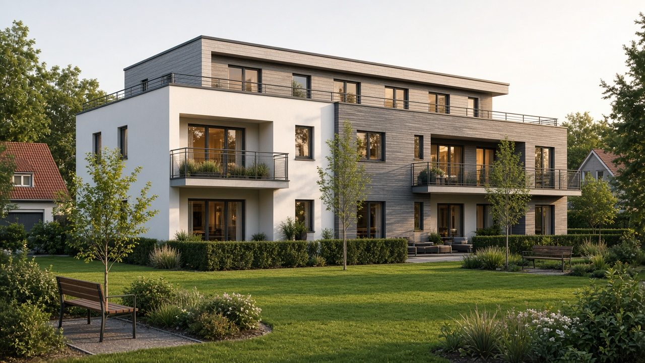 MFH mit Flachdach, dunkler Holzbandfassade, Balkonen und Dachterrasse