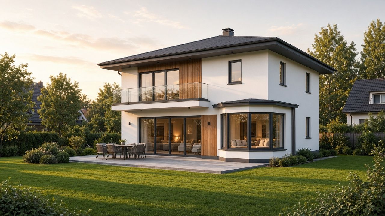 Stadtvilla mit Walmdach, Erker, Balkon mit Glasgeländer und Terrasse