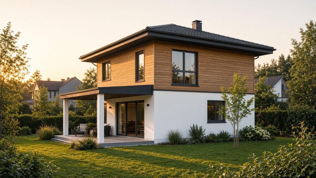 Stadtvilla mit Walmdach: EG in Weiß, OG in Holzlamellen, überdachte Terrasse