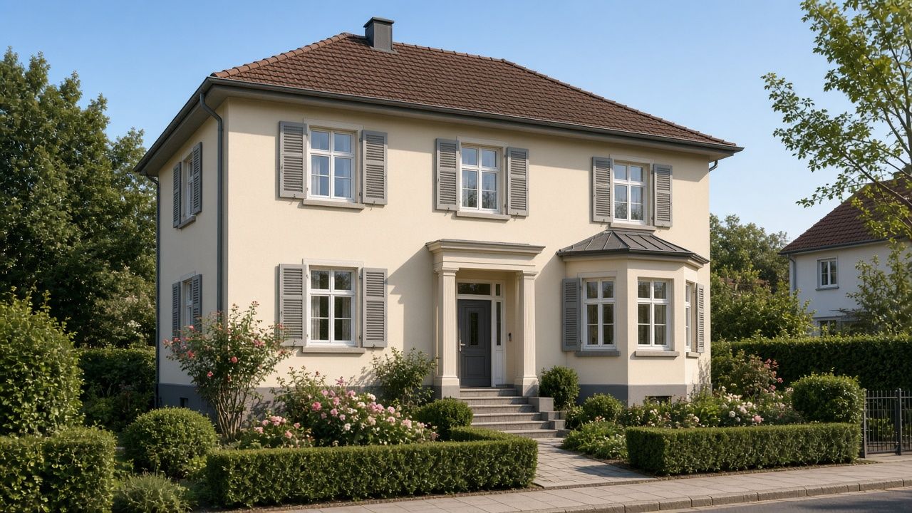 Klassische Stadtvilla mit Walmdach, Fensterläden, Säulenportal und Erker