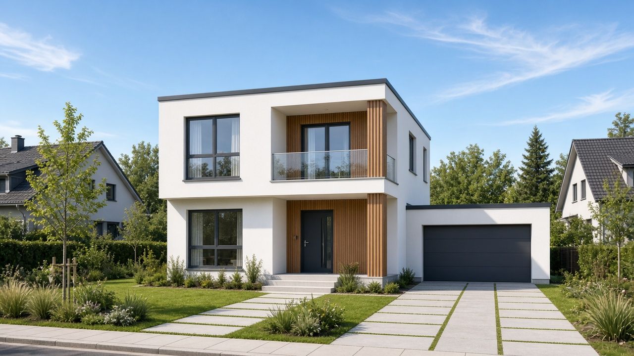 Kubische Flachdach-Stadtvilla mit Holzlamellen, Loggia und angebauter Garage