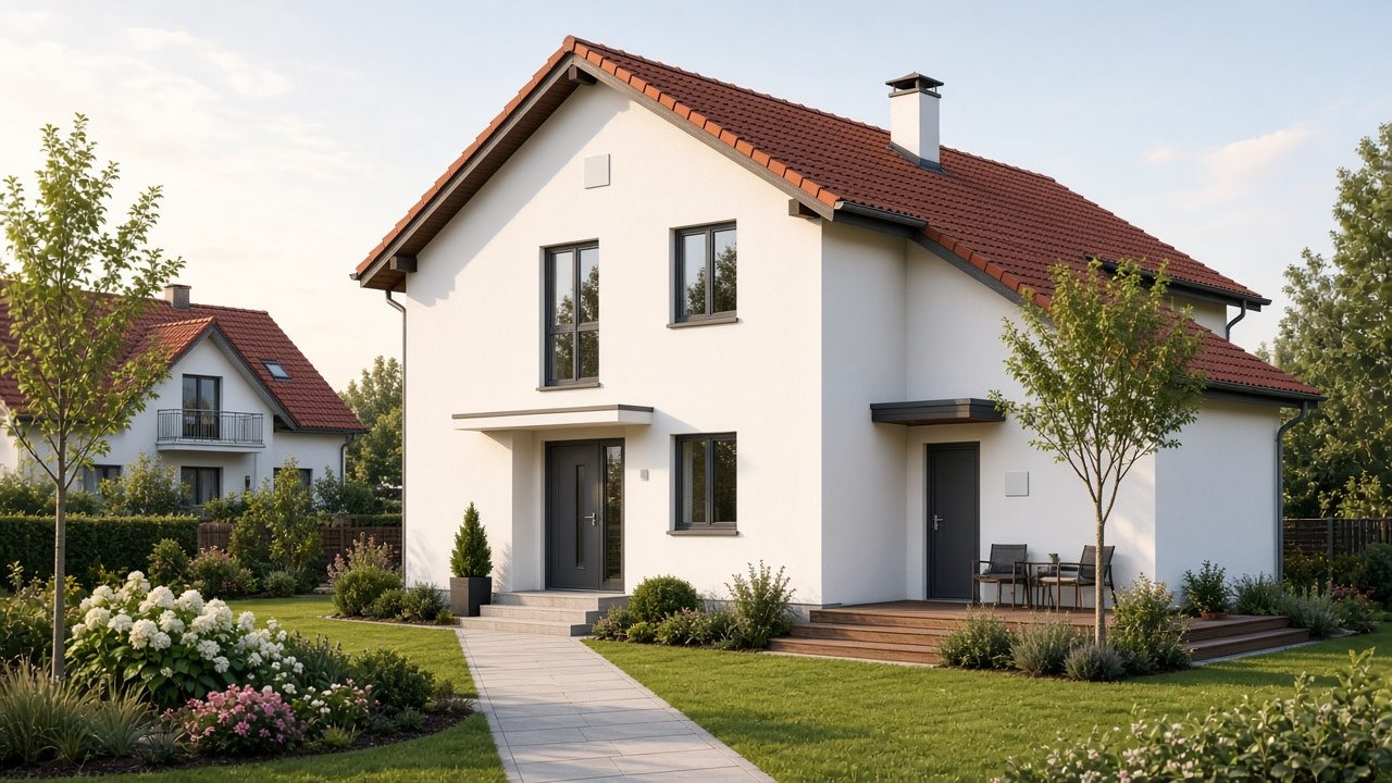 Zweifamilienhaus mit rotem Satteldach und Anbau mit eigenem Eingang