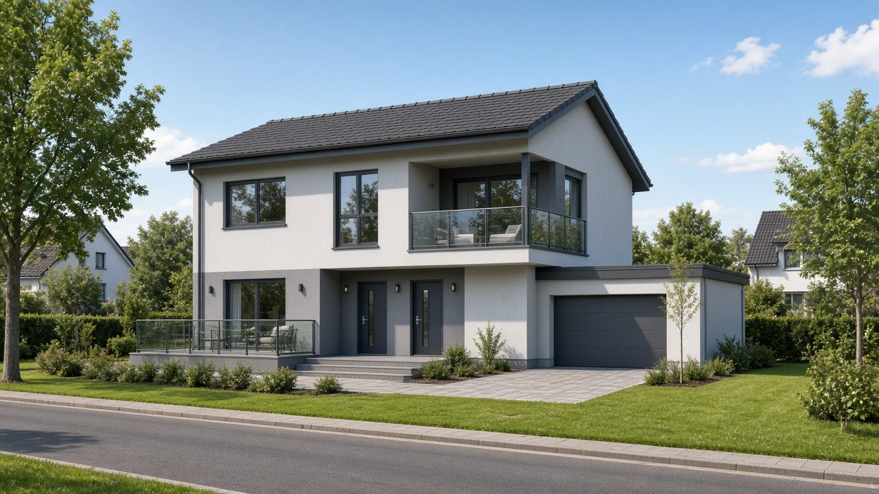 Zweifamilienhaus mit getrennten Wohnungen übereinander: Terrasse im EG, Balkon und Außentreppe