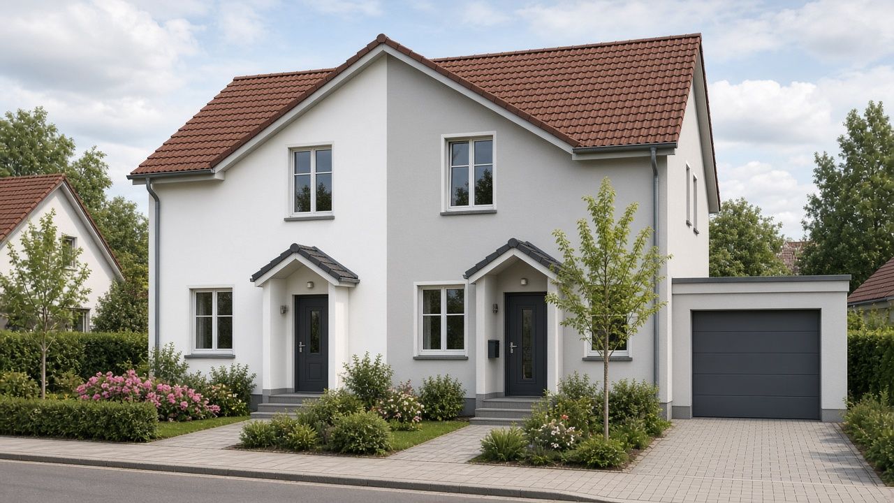 Zweifamilienhaus / Doppelhaus mit Satteldach, farblich getrennten Hälften und Garage