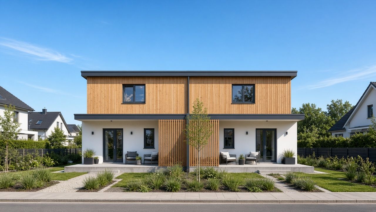Modernes Zweifamilienhaus mit Flachdach, Holzfassade im OG und getrennten Terrassen